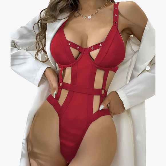 NWOT Women's Cut Out Teddy Lingerie Underwire Strappy One Piece V Neck Bodysuit - Picture 2 of 5